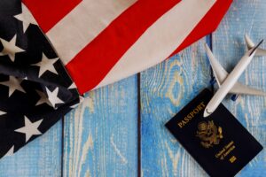 Travel tourism, emigration the USA American national flag with U