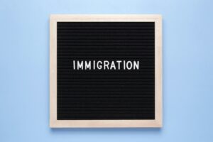 Immigration Text on letter board on light blue background